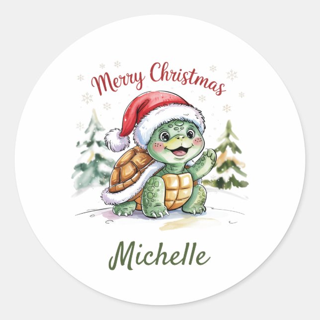 Personalized Name Merry Christmas Turtle in Santa  Classic Round Sticker (Front)