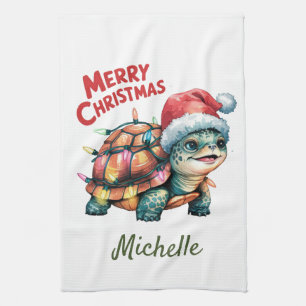 Personalized Name Merry Christmas Turtle in Santa  Kitchen Towel