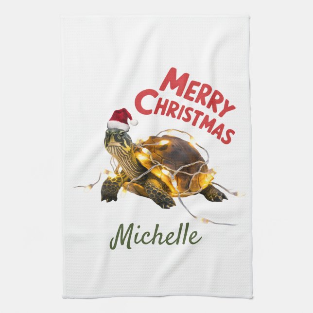 Personalized Name Merry Christmas Turtle in Santa  Kitchen Towel (Vertical)