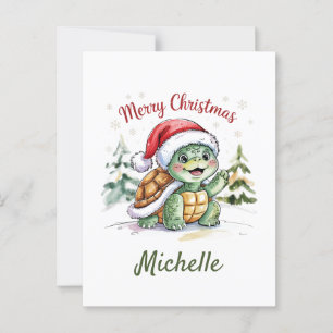 Personalized Name Merry Christmas Turtle in Santa Postcard