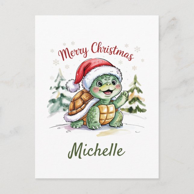 Personalized Name Merry Christmas Turtle in Santa  Postcard (Front)