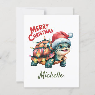 Personalized Name Merry Christmas Turtle in Santa Postcard