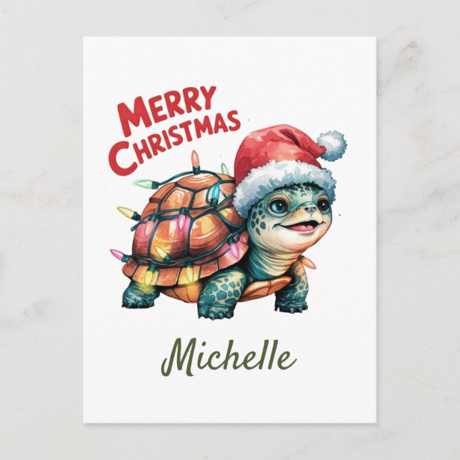 Personalized Name Merry Christmas Turtle in Santa  Postcard (Front)