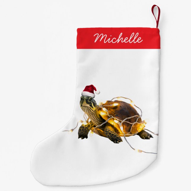 Personalized Name Merry Christmas Turtle in Santa  Small Christmas Stocking (Back)