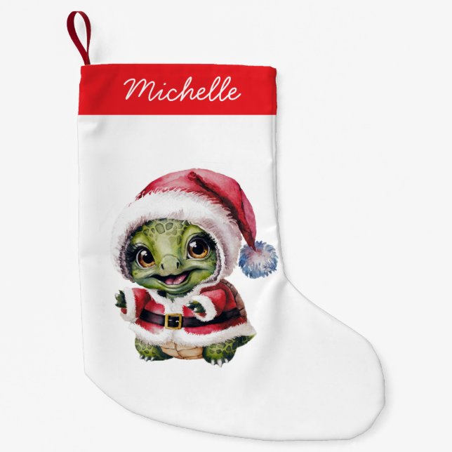 Personalized Name Merry Christmas Turtle in Santa  Small Christmas Stocking (Front)