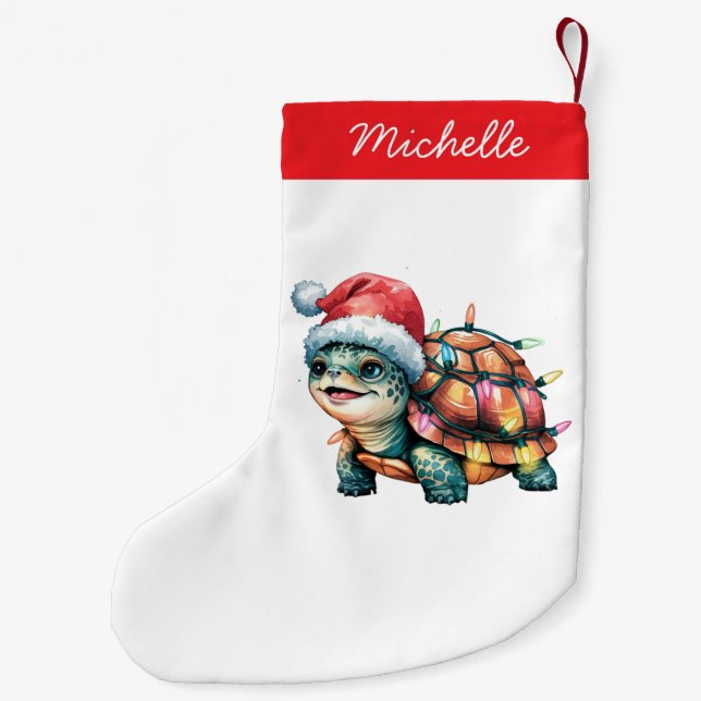 Personalized Name Merry Christmas Turtle in Santa  Small Christmas Stocking (Back)