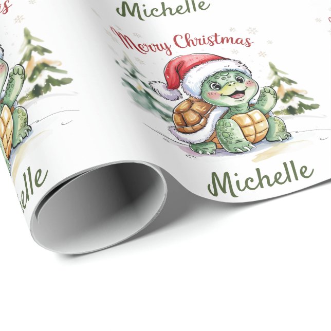 Personalized Name Merry Christmas Turtle in Santa  Wrapping Paper (Roll Corner)