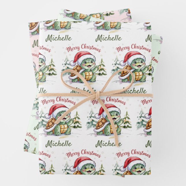 Personalized Name Merry Christmas Turtle in Santa  Wrapping Paper Sheet (In situ)