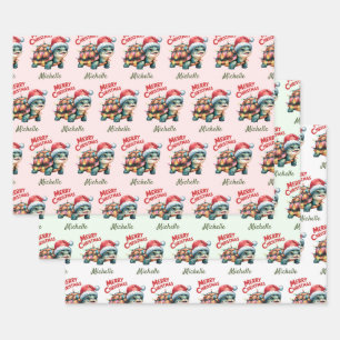 Personalized Name Merry Christmas Turtle in Santa Wrapping Paper Sheet
