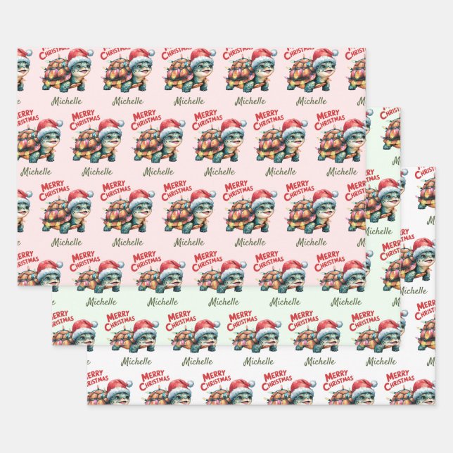 Personalized Name Merry Christmas Turtle in Santa  Wrapping Paper Sheet (Set)