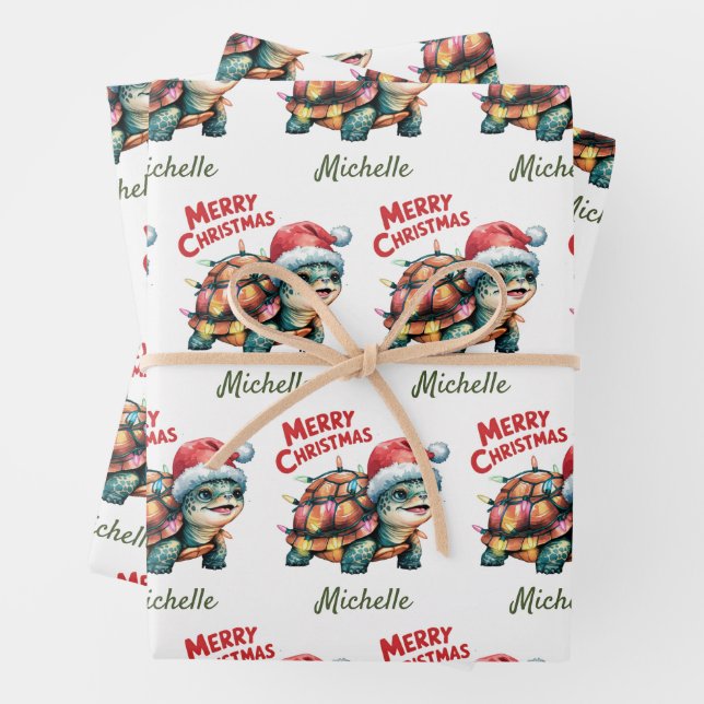 Personalized Name Merry Christmas Turtle in Santa  Wrapping Paper Sheet (In situ)