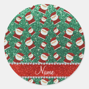 Personalized name mint green glitter santas classic round sticker