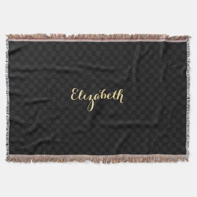 Personalized Name Modern Black Check Pattern Woven Throw Blanket (Front)