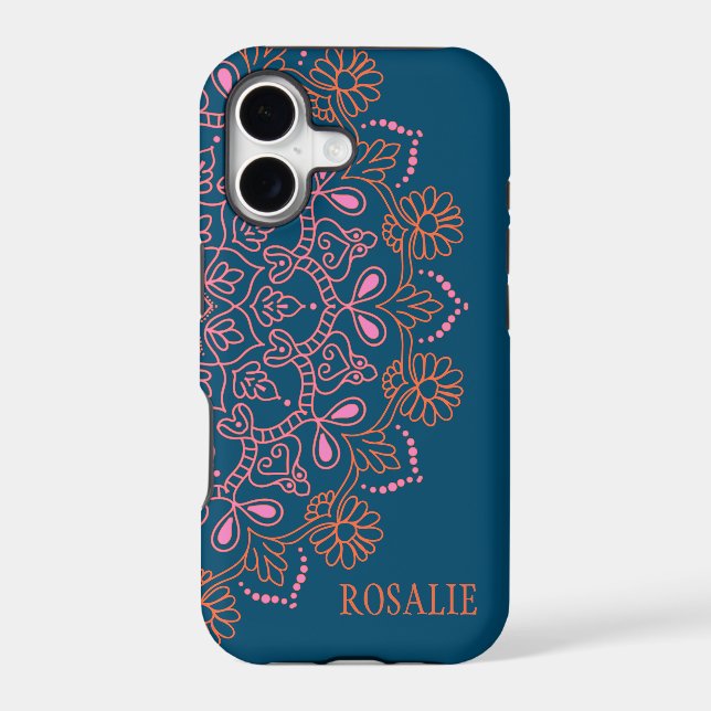 Personalized Name Modern Blue Boho Floral Mandala  (Back)