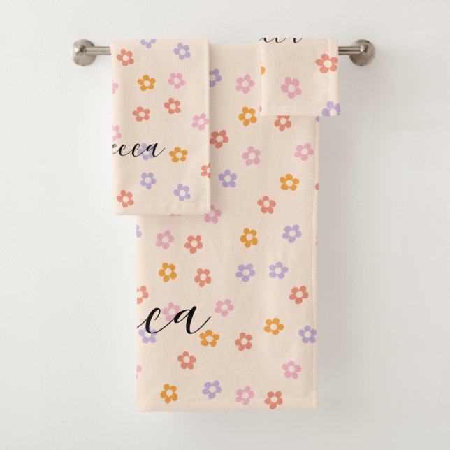 Personalized Name Modern Coloured Daisy Pattern Bath Towel Set (Insitu)