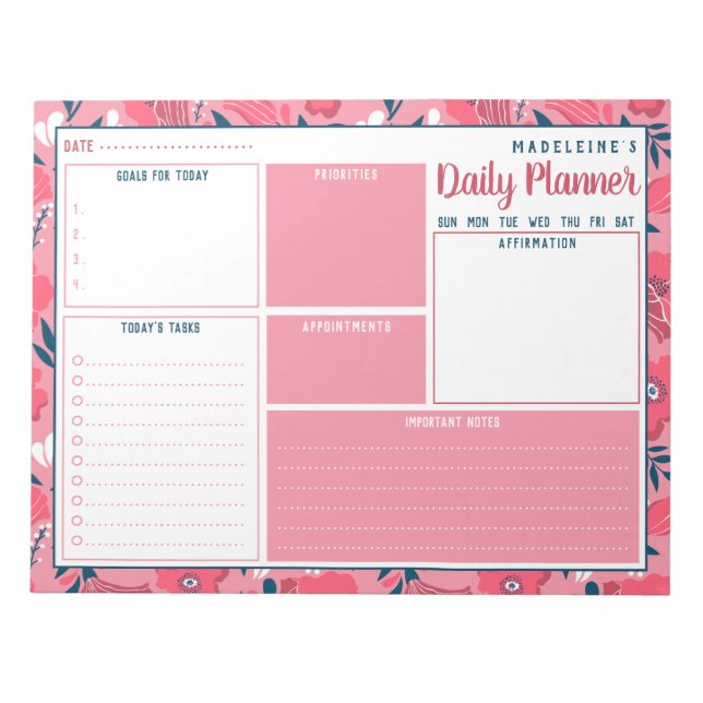Personalized Name Modern Floral Daily Planner Notepad (Front)