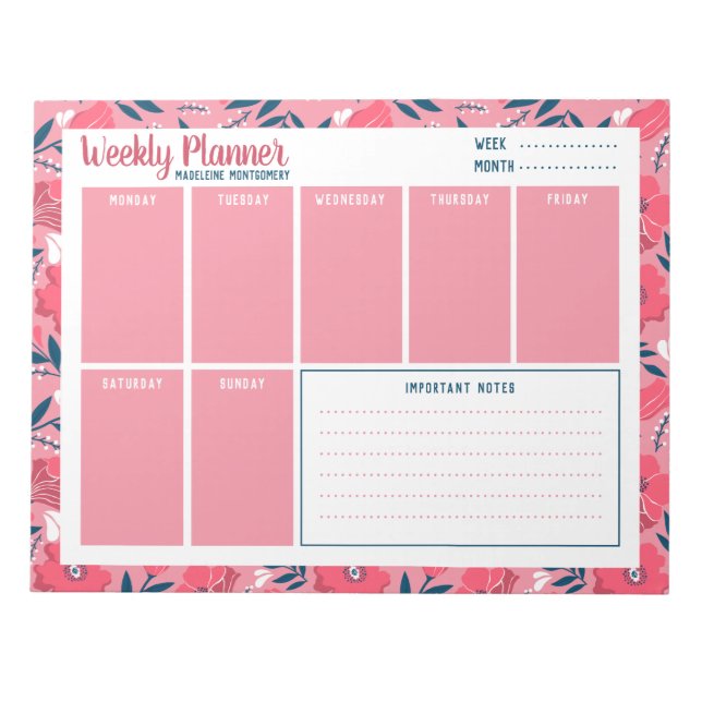 Personalized Name Modern Floral Weekly Planner Notepad (Front)