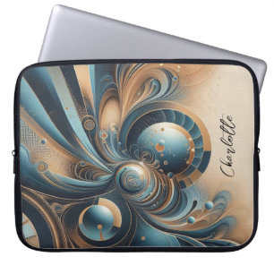 Personalized Name Modern Fractal Blue Gold Chic Laptop Sleeve