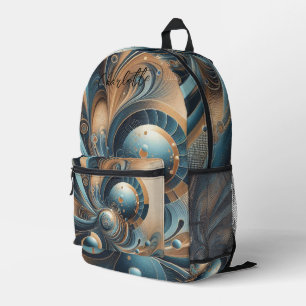 Personalized Name Modern Fractal Blue Gold Chic Printed Backpack