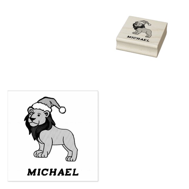 Personalized Name  Modern Lion Wearing Santa Hat   Rubber Stamp (Stamped)