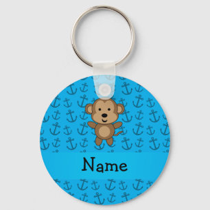 Personalized name monkey blue anchors pattern keychain