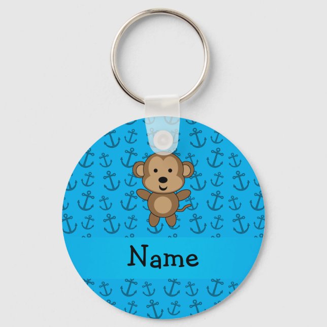 Personalized name monkey blue anchors pattern keychain (Front)