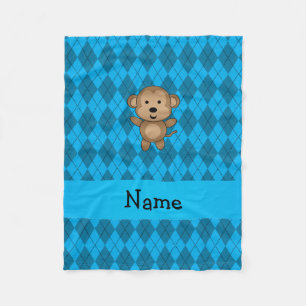 Personalized name monkey blue argyle fleece blanket