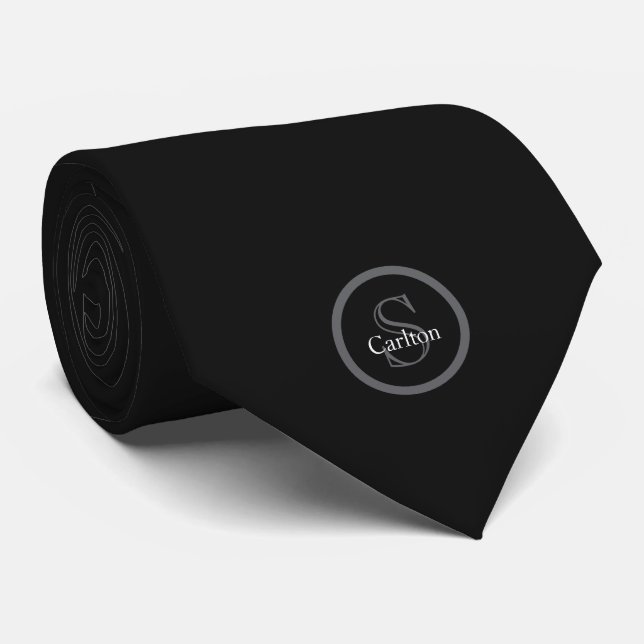 Personalized Name Monogram Black Charcoal Grey Tie (Rolled)