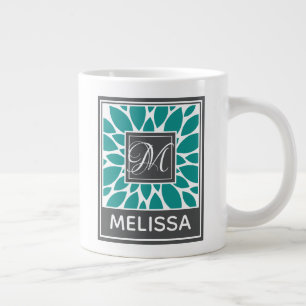 Personalized Name & Monogram Blue Flower Large Coffee Mug
