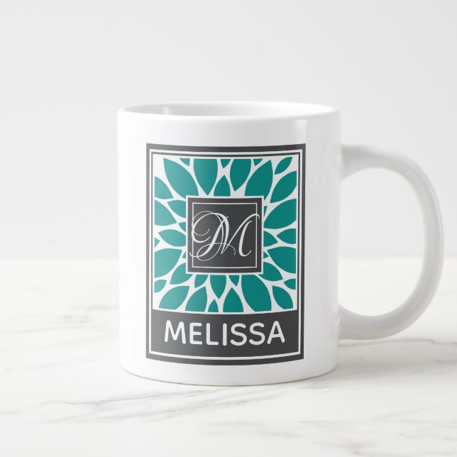 Personalized Name & Monogram Blue Flower Large Coffee Mug (Right)