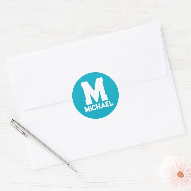 Personalized Name Monogram Blue Logo Classic Round Sticker (Envelope)