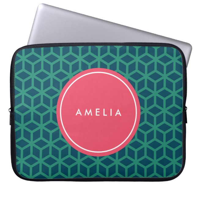 Personalized Name Monogram Geometric Teal Laptop Sleeve (Front)