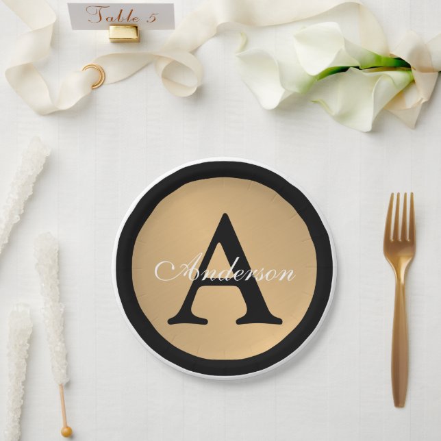 Personalized Name Monogram Gold Metallic Button  Paper Plate (Wedding)