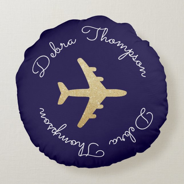 personalized name monogram - golden plane round pillow (Back)