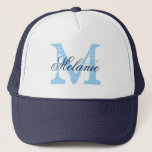 Personalized name monogram hat for wedding party<br><div class="desc">Personalized name monogram navy blue trucker hat for bride and bridesmaids . Vintage monogrammed name initial letter with stylish script typography. Cute wedding party favour caps for guests, friends and family. Make your own for bride to be and bride's entourage; brides maid, maid of honour, flower girl, matron of honour,...</div>