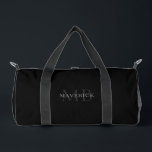 Personalized Name Monogram Initial Modern Black  Duffle Bag<br><div class="desc">This fashionable duffle bag showcases your monogrammed initials and name in sleek grey typography against a black backdrop. Just enter your name and initials in the personalization field to customize your duffle bag. It's an excellent gift for groomsmen, bridesmaids, and the entire wedding party. Ideal for gym, work, or travel....</div>