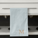 Personalized Name Monogram Kitchen Towel<br><div class="desc">Modern,  elegant and trendy kitchen towel featured here in dusty blue with tan monogram and white name typography. Colours can be customized to your choosing</div>