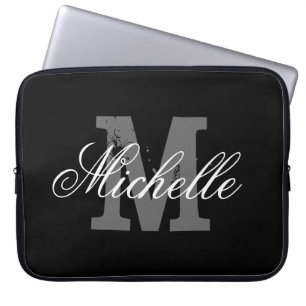 Personalized name monogram laptop sleeve Black