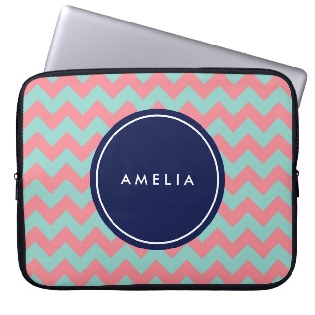 Personalized Name Monogram Light Blue & Pink Laptop Sleeve (Front)