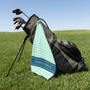 Personalized Name Monogram Mint Houndstooth Golf Towel