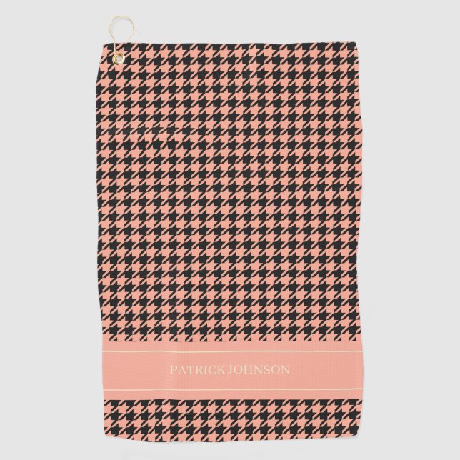 Personalized Name Monogram Peach Houndstooth  Golf Towel (Front)