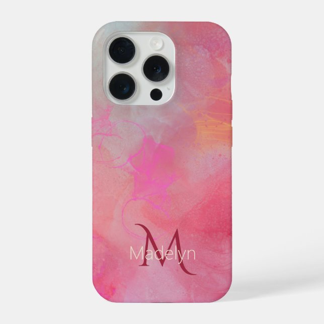 Personalized Name + Monogram Pink Watercolor Ink iPhone Case (Back)