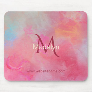 Personalized Name + Monogram Pink Watercolor Ink Mouse Pad