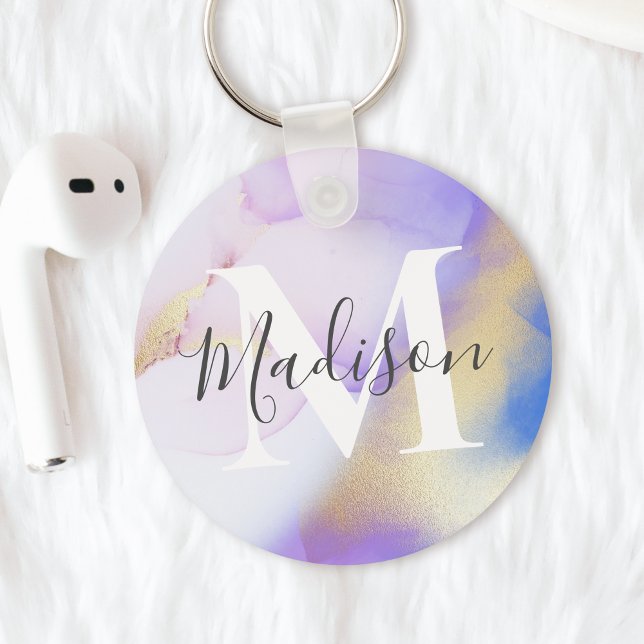 Personalized Name Monogram Purple Watercolor Glam Keychain (Creator Uploaded)