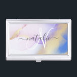 Personalized Name Monogram Purple Watercolor Luxe Business Card Holder<br><div class="desc">Easily personalize this glamourous style abstract lilac watercolor paint and faux gold spray background with your custom details.</div>