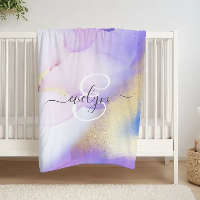 Personalized Name Monogram Purple Watercolor Luxe Fleece Blanket (Creator Uploaded)