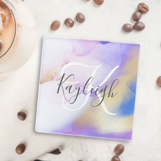 Personalized Name Monogram Purple Watercolor Luxe Glass Coaster (Creator Uploaded)