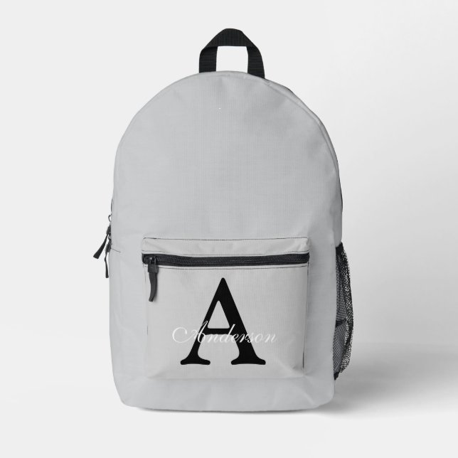Personalized Name Monogram Silver Background Printed Backpack (Front)
