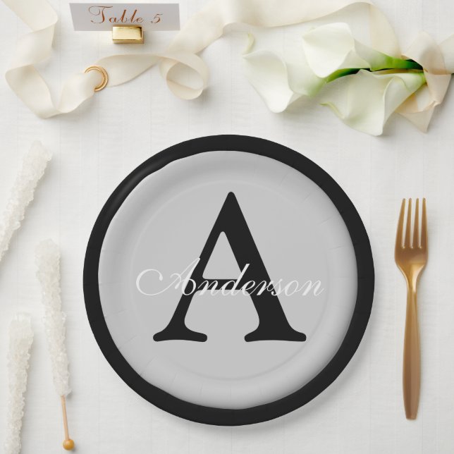 Personalized Name Monogram Silver Metallic Button  Paper Plate (Wedding)