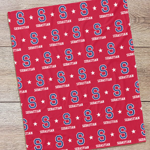 Personalized Name Monogram Star Crimson Navy Fleece Blanket